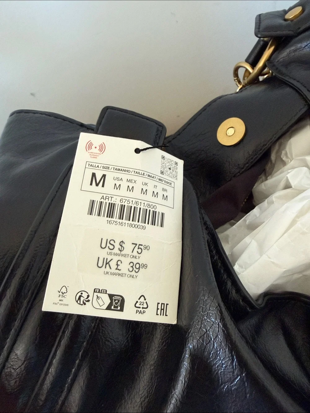 ZARA FR Black Hobo Bag with Gold Chain Accent